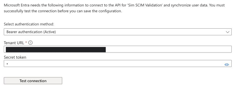 Entra Bearer authentication fields with a redacted Tenant URL and masked Secret token