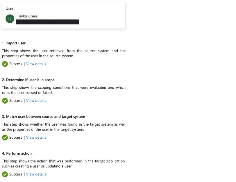 Successful on-demand user provisioning in Entra with account details redacted