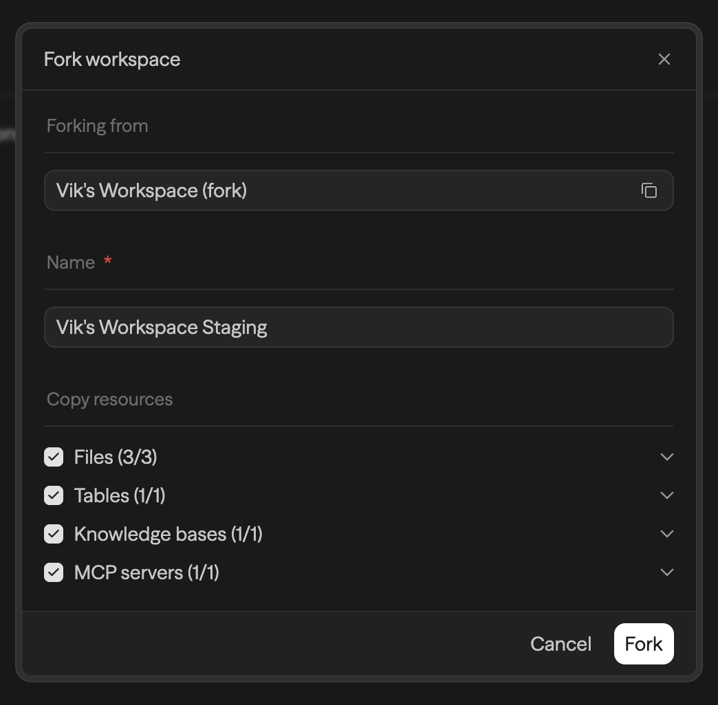 Fork workspace modal with name field and Copy resources list fully selected