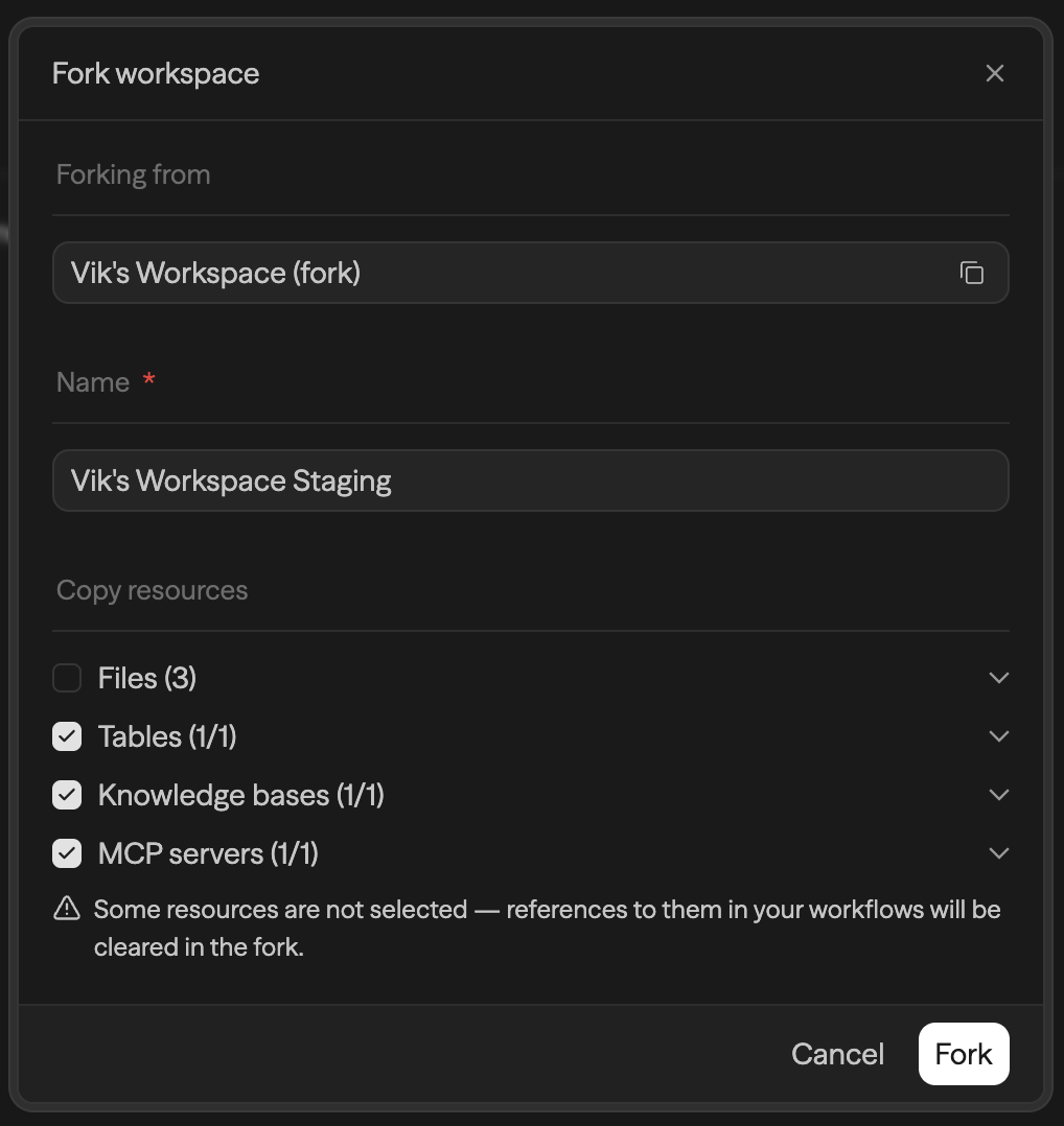 Fork workspace modal showing a warning that deselected resources will clear references in the fork