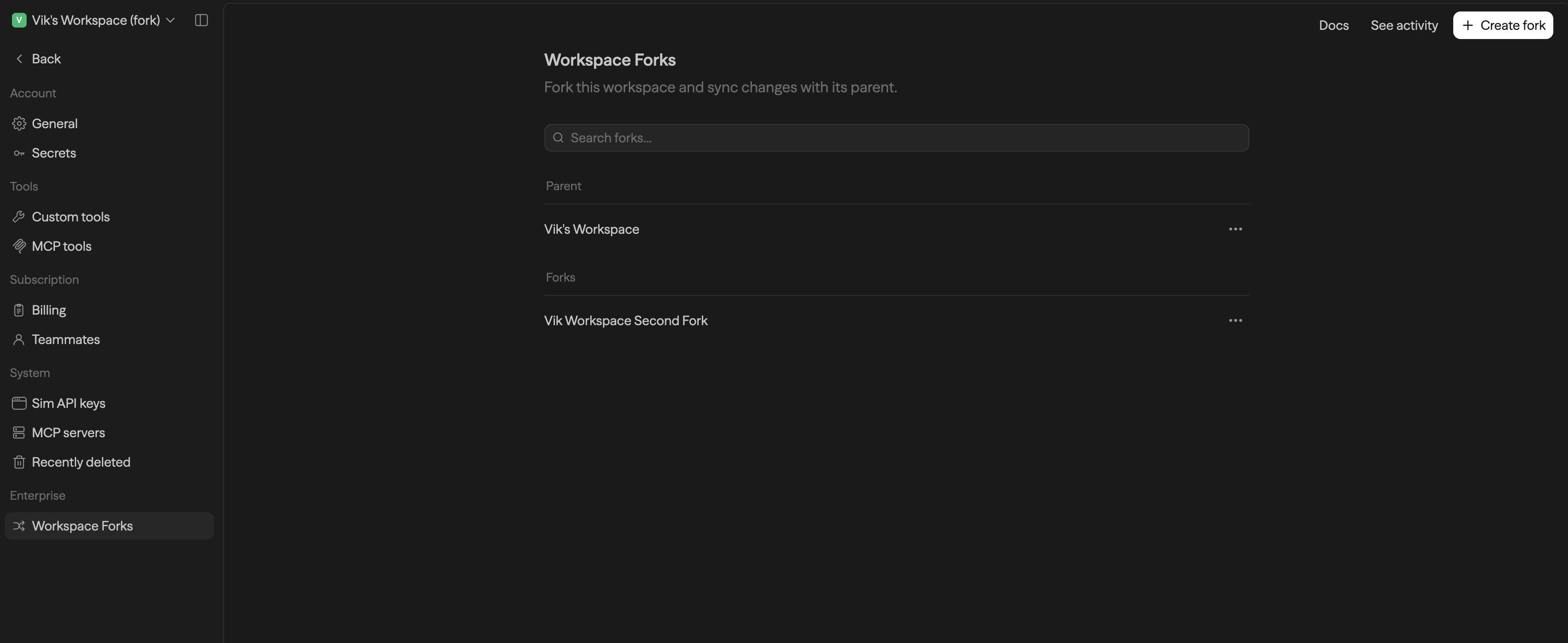 Workspace Forks settings page showing Parent and Forks sections with Docs, See activity, and Create fork actions
