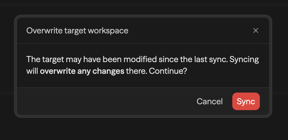 Overwrite target workspace confirmation dialog warning that syncing overwrites changes on the target