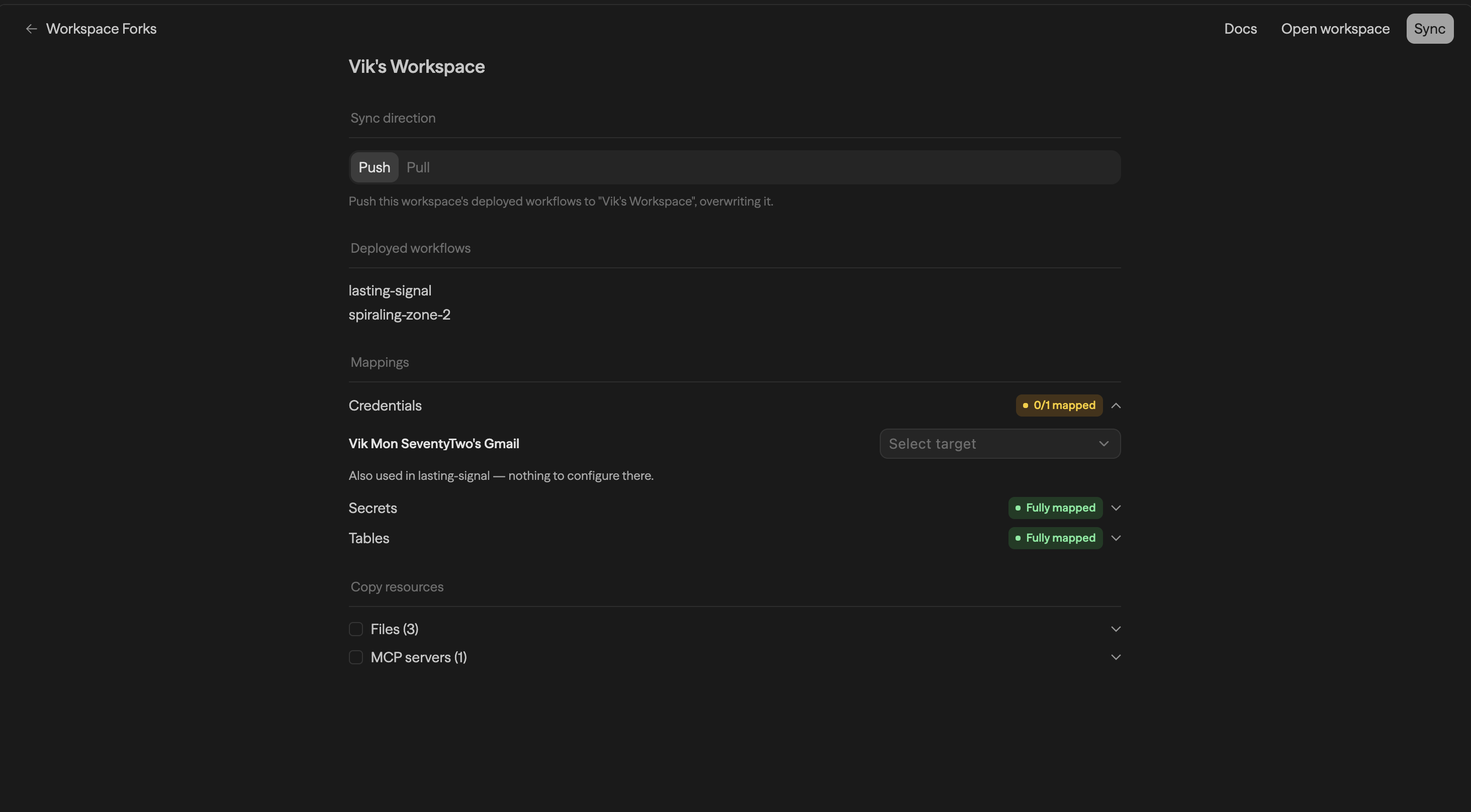 Sync detail page with Push and Pull direction, deployed workflows, and mapping status badges