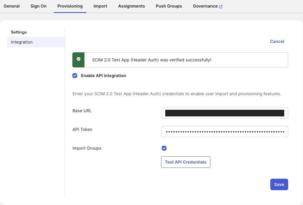 Header Auth Test App API integration showing a successful credential test, a redacted Base URL, and a masked token