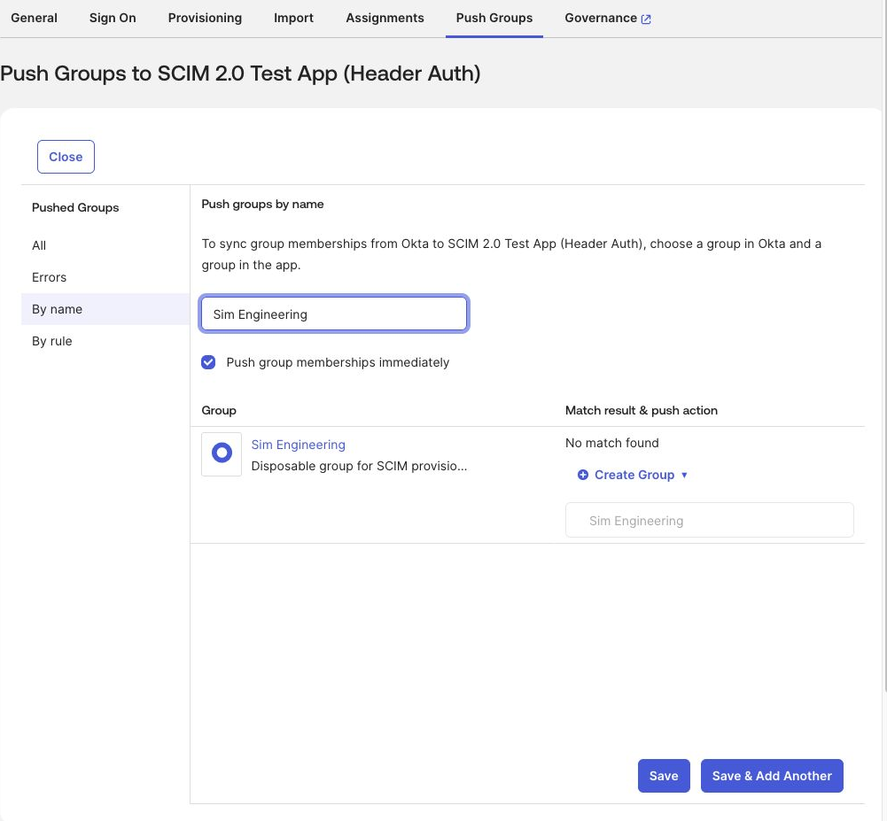 Okta Group Push selecting an engineering group and creating its downstream group in Sim