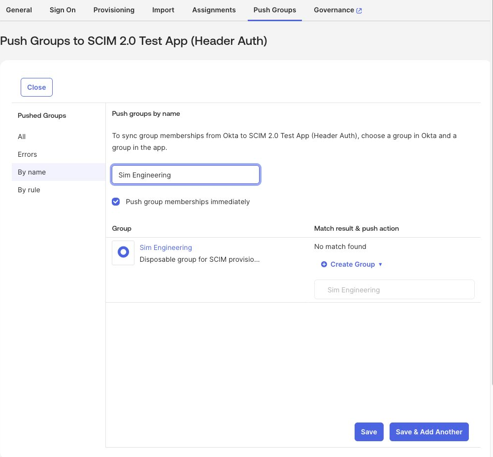 Header Auth Test App Group Push selecting an engineering group and Create Group for the downstream group