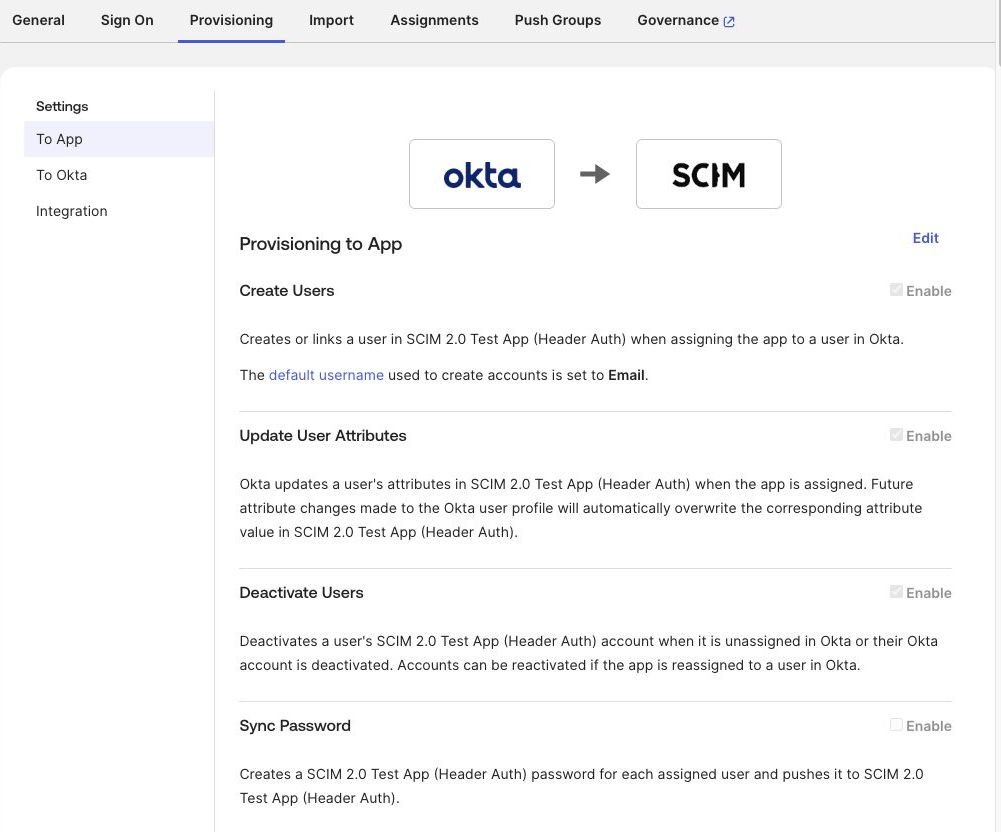 Header Auth Test App actions with user creation, attribute updates, and deactivation enabled, and password synchronization disabled
