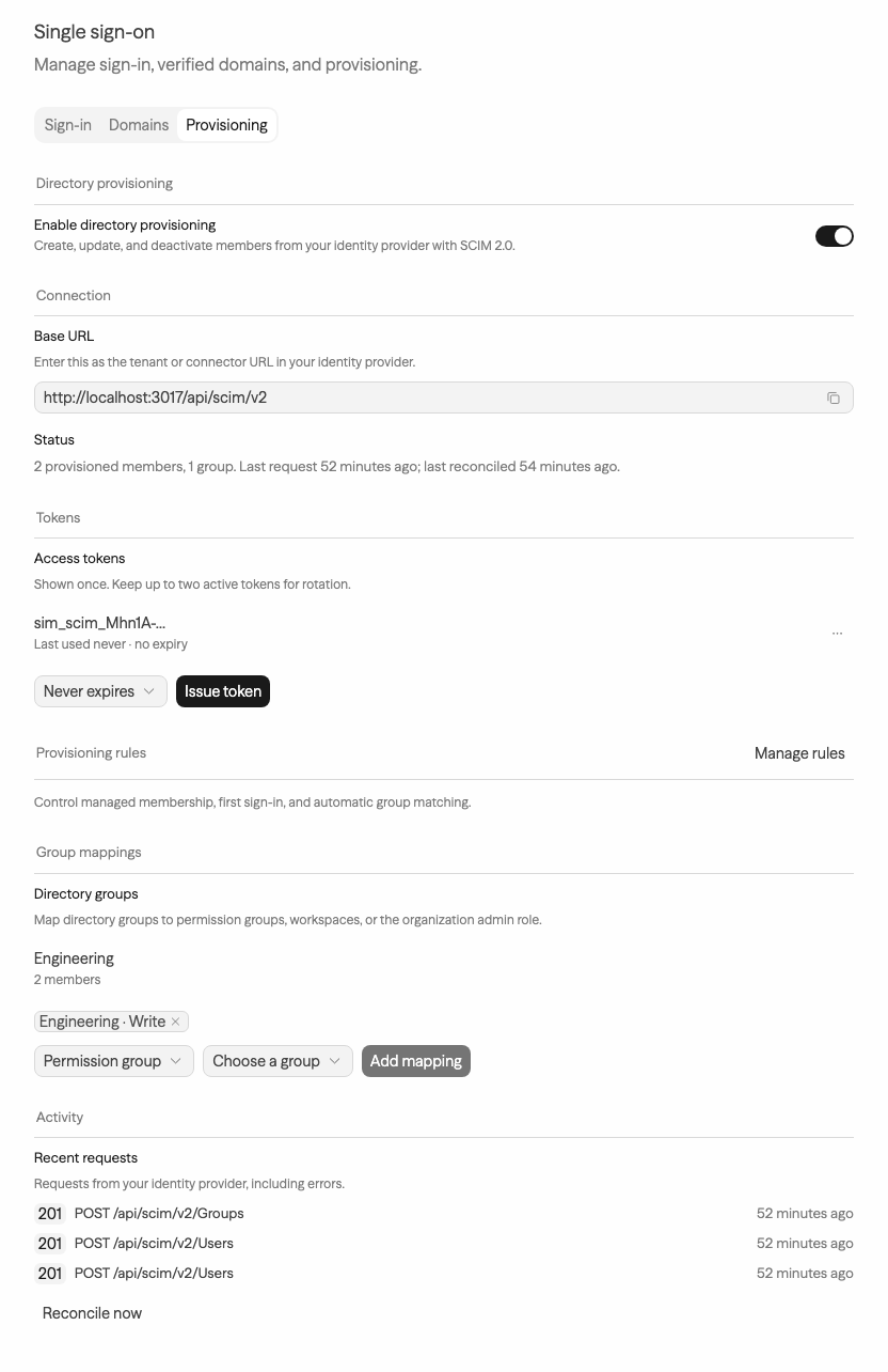 Provisioning tab with an active SCIM connection, tokens, provisioning rules, group mappings, and recent activity