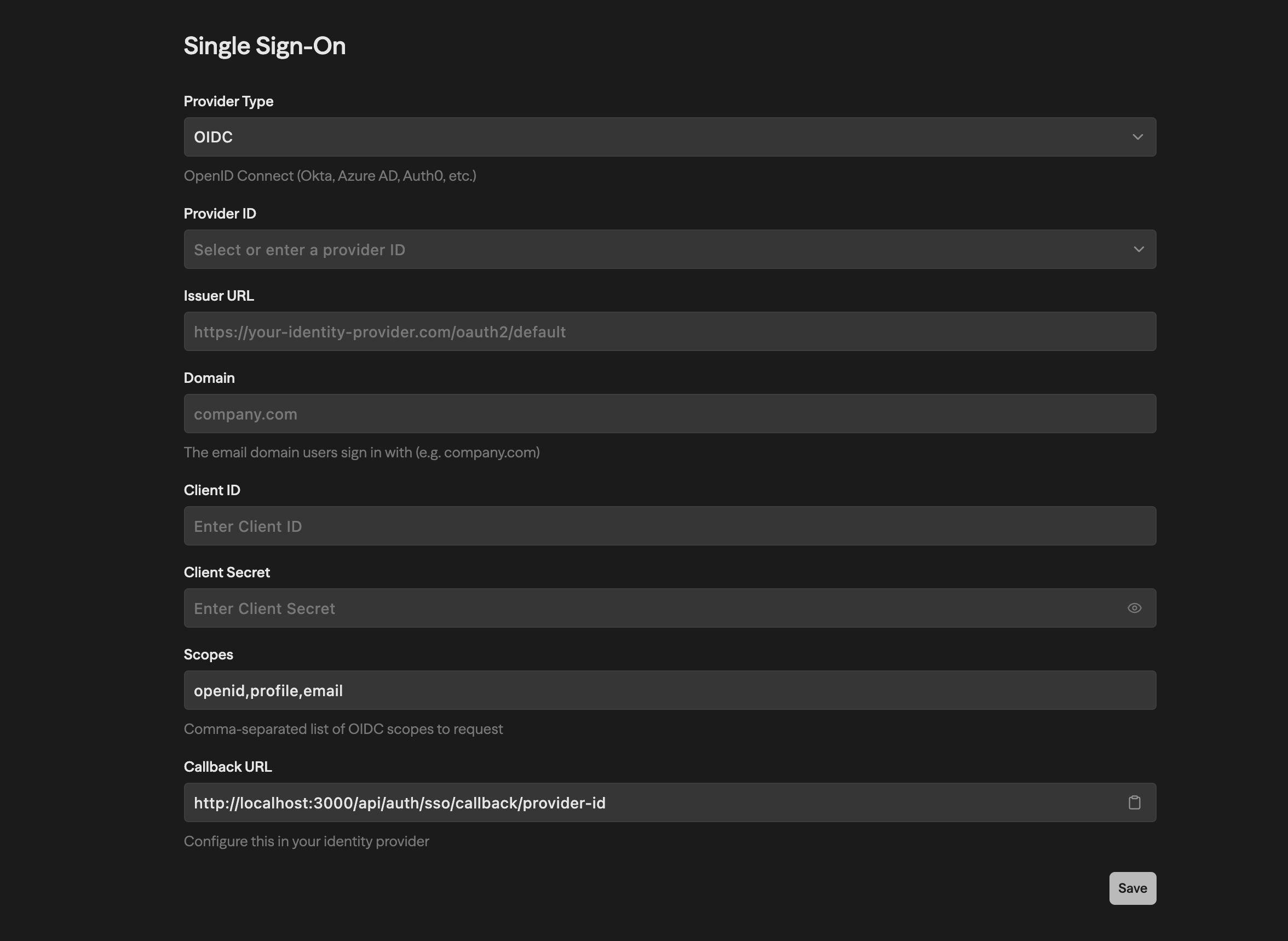 Single Sign-On configuration form showing Provider Type (OIDC), Provider ID, Issuer URL, Domain, Client ID, Client Secret, Scopes, and Callback URL fields