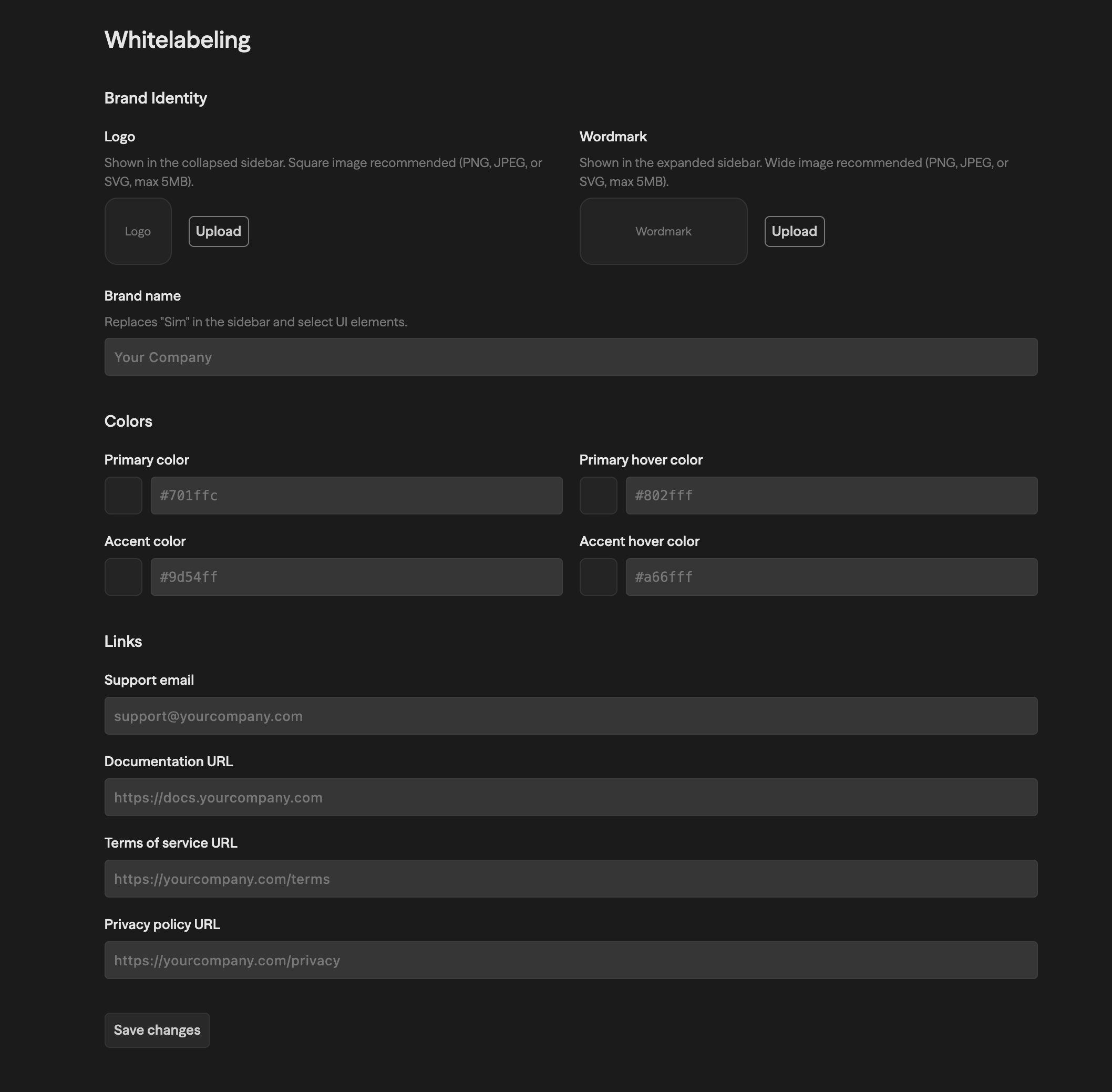 Whitelabeling settings showing brand identity fields (Logo, Wordmark, Brand name), color pickers for primary and accent colors, and link fields for support email and documentation URL