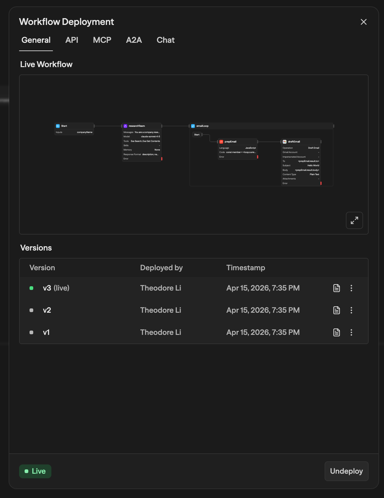 Version history table with multiple deployment versions