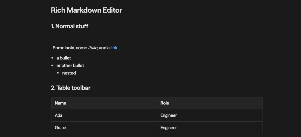 A markdown file rendered in the editor: headings, bold, italic, and a link, a nested bullet list, and a table