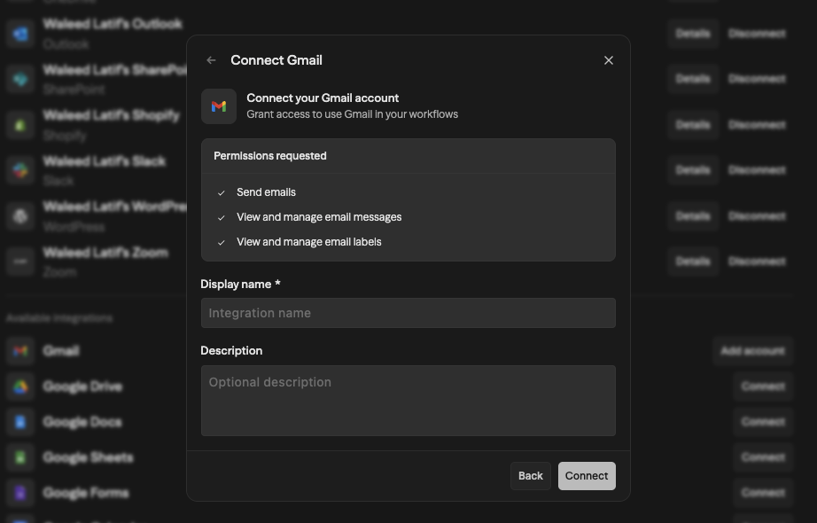 Connect Gmail modal showing permissions requested, display name field, and description field