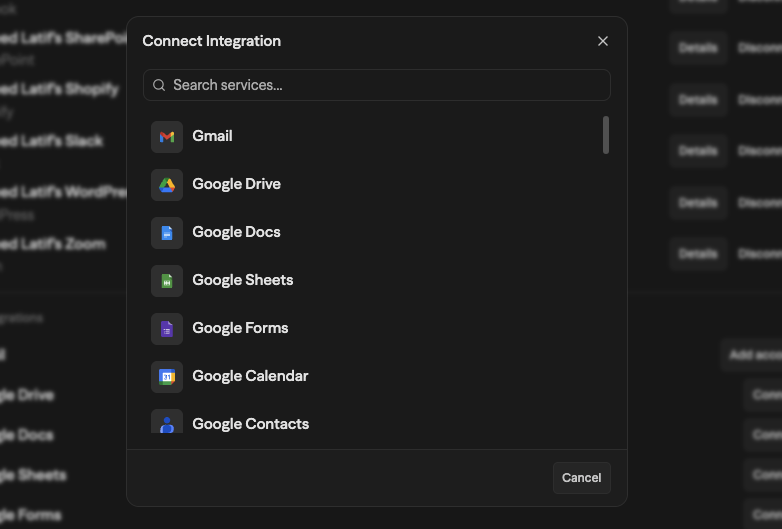 Connect Integration modal showing a searchable list of available services