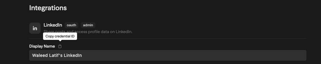 Integration details showing the Copy credential ID tooltip on the clipboard icon next to the Display Name