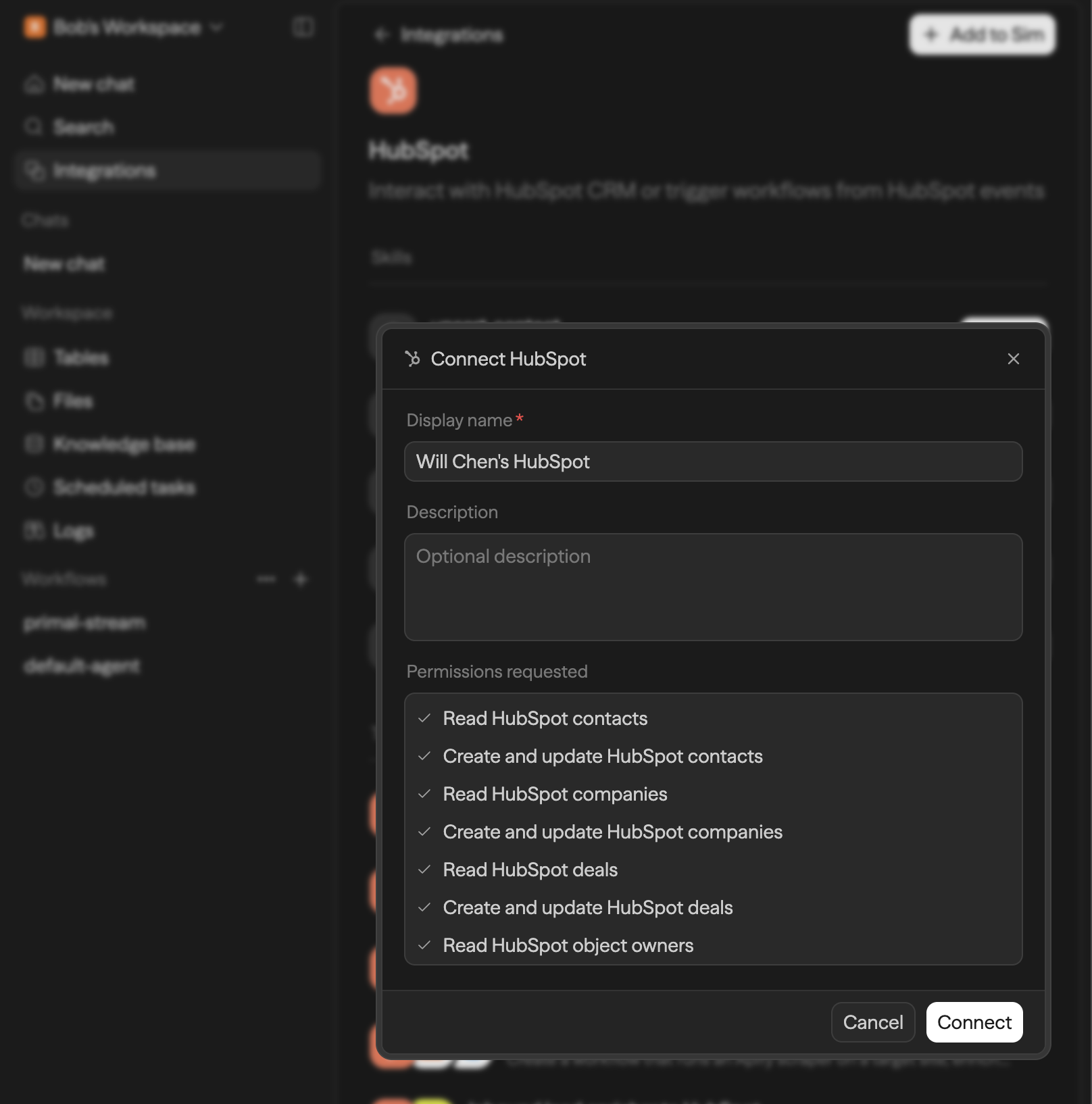 The connect dialog (HubSpot shown) with display name, description, and the permissions requested