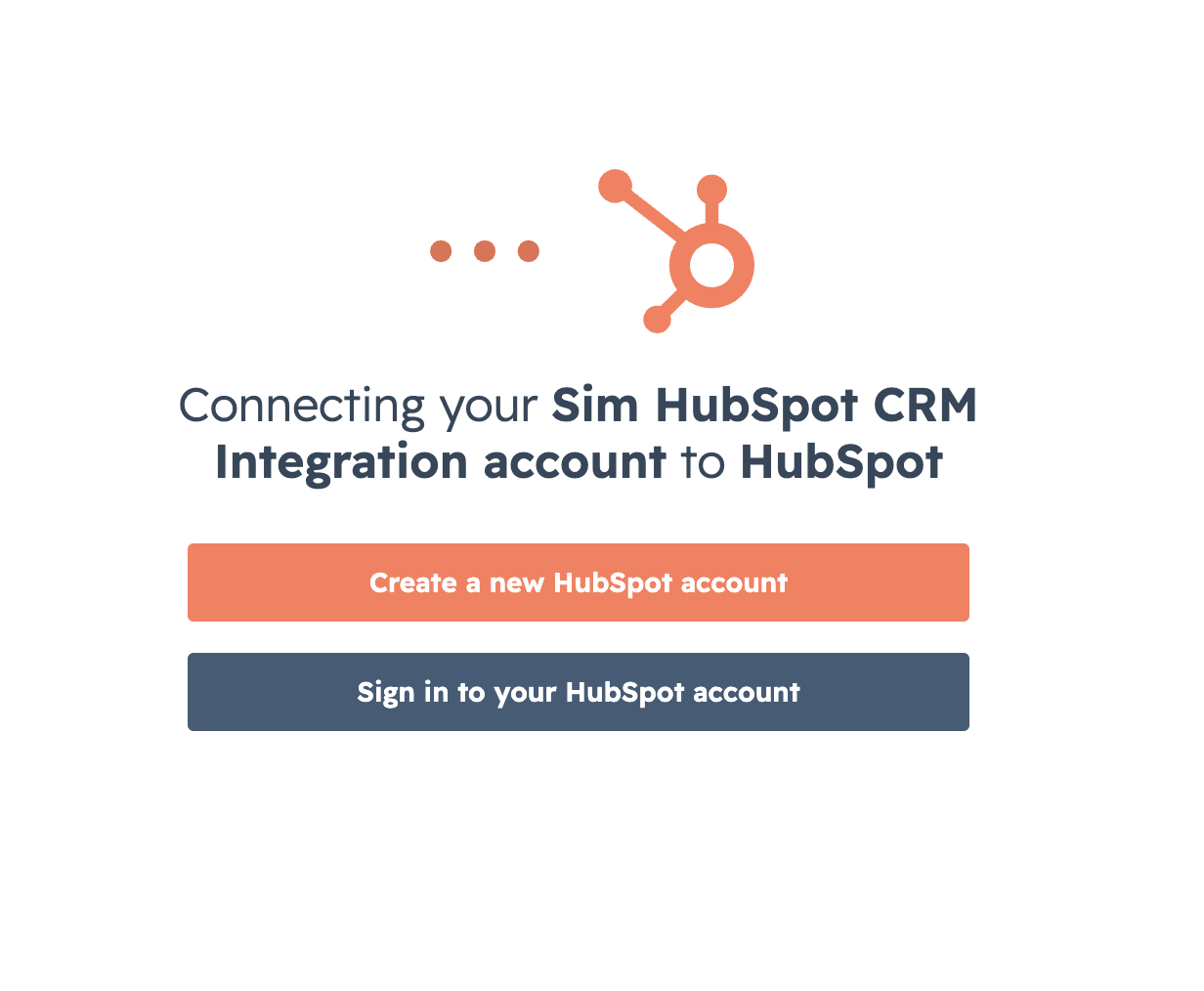 HubSpot's screen for connecting your Sim account, with sign-in options