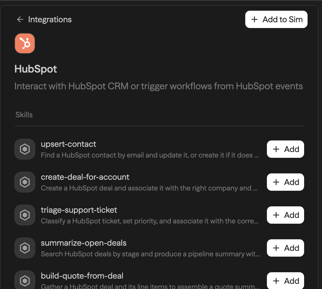 A service page (HubSpot) with its skills, templates, and the Add to Sim button