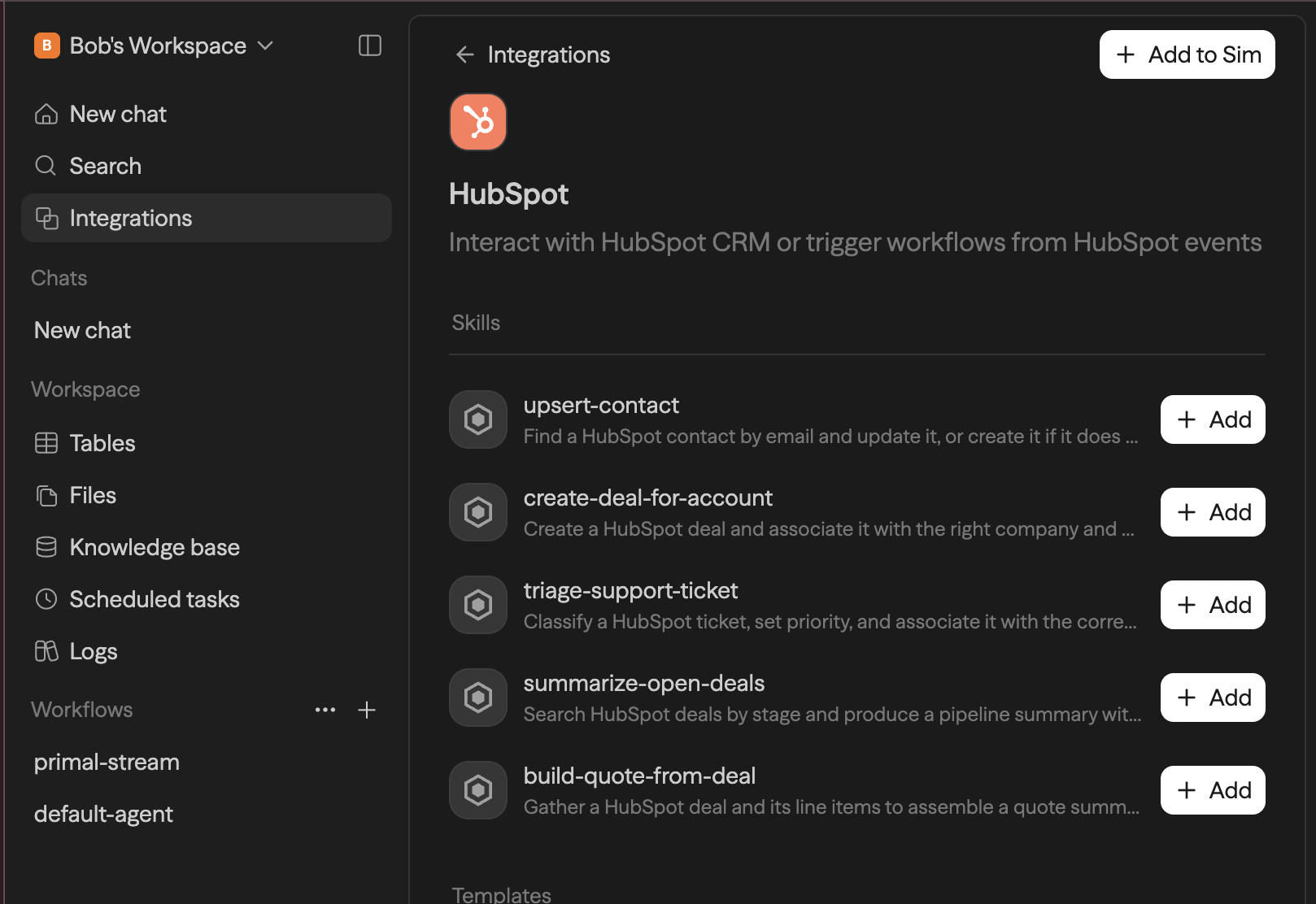 The HubSpot integration page in Sim with the Add to Sim button in the top right