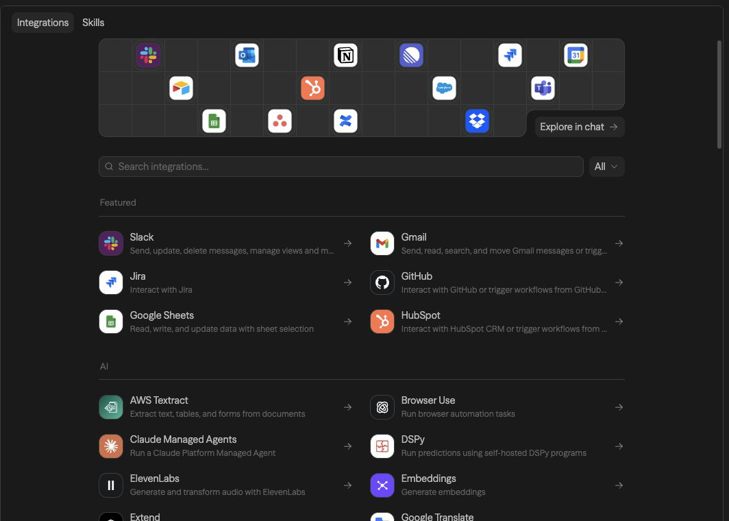 The current Integrations page with search, featured services, and categorized integrations
