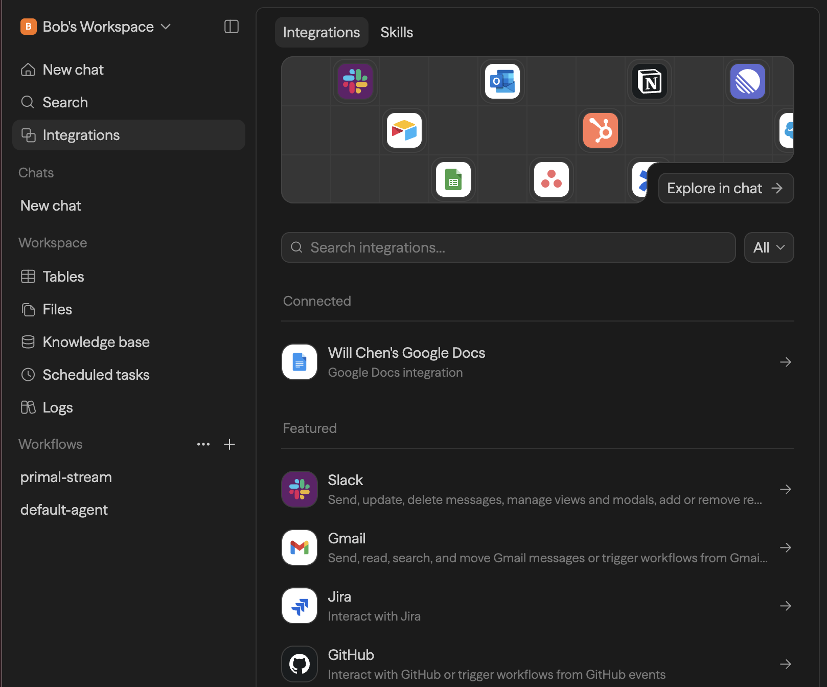 The Integrations page showing the sidebar entry, search, connected accounts, and featured integrations