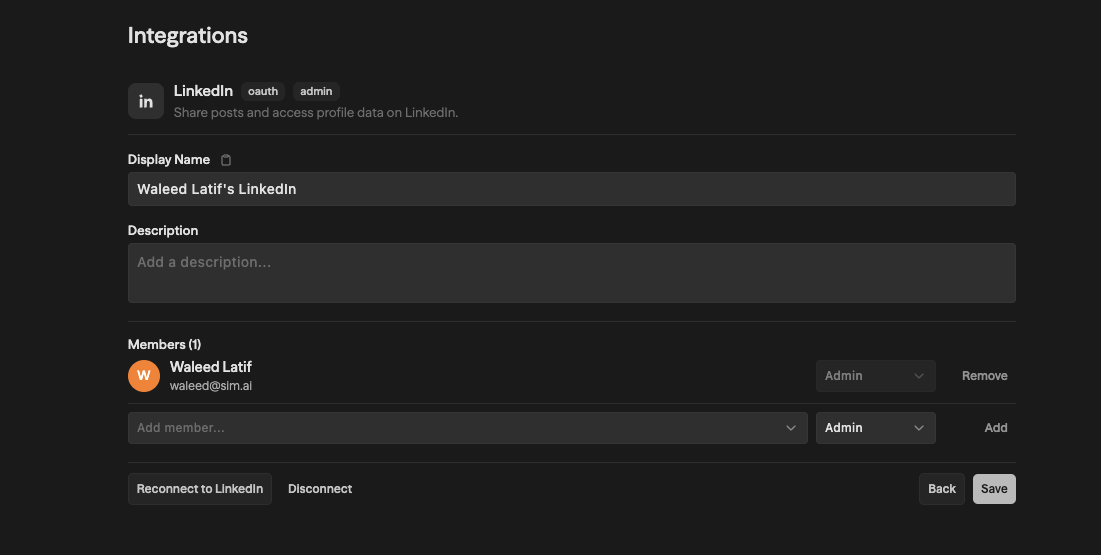 Integration details view showing Display Name, Description, Members, Reconnect, and Disconnect