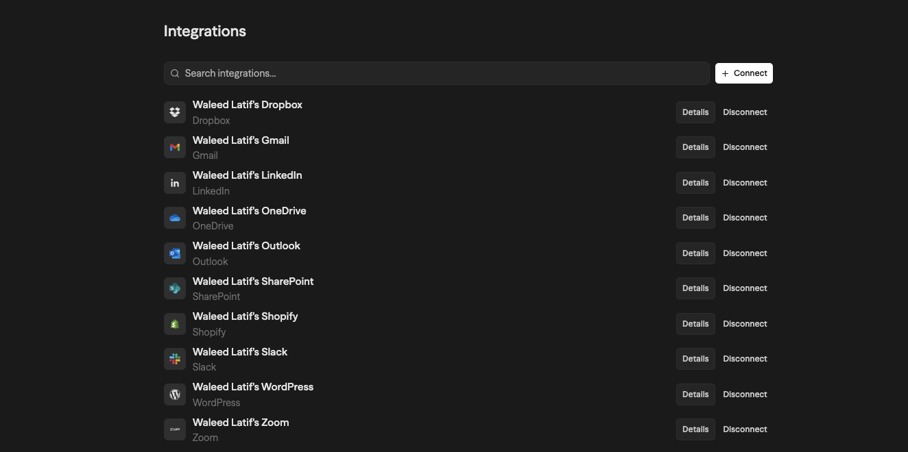 Integrations tab showing connected accounts with service icons, names, and Details/Disconnect buttons
