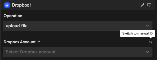 Block showing the Switch to manual ID button next to the account selector