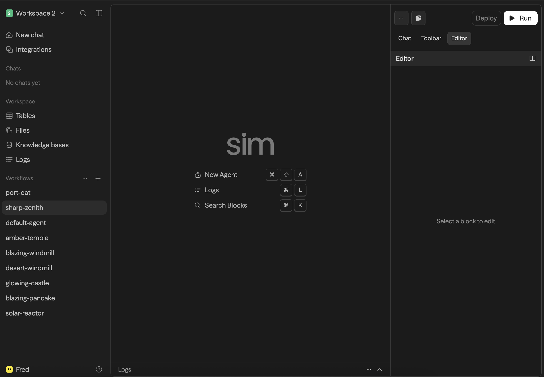 Sim workflow editor with an empty canvas, Editor panel, and workspace navigation