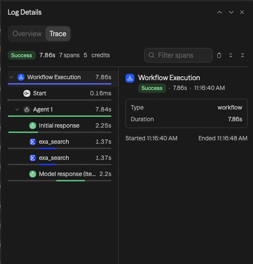 Log Details Trace tab with nested workflow, agent, model, and tool spans and their durations