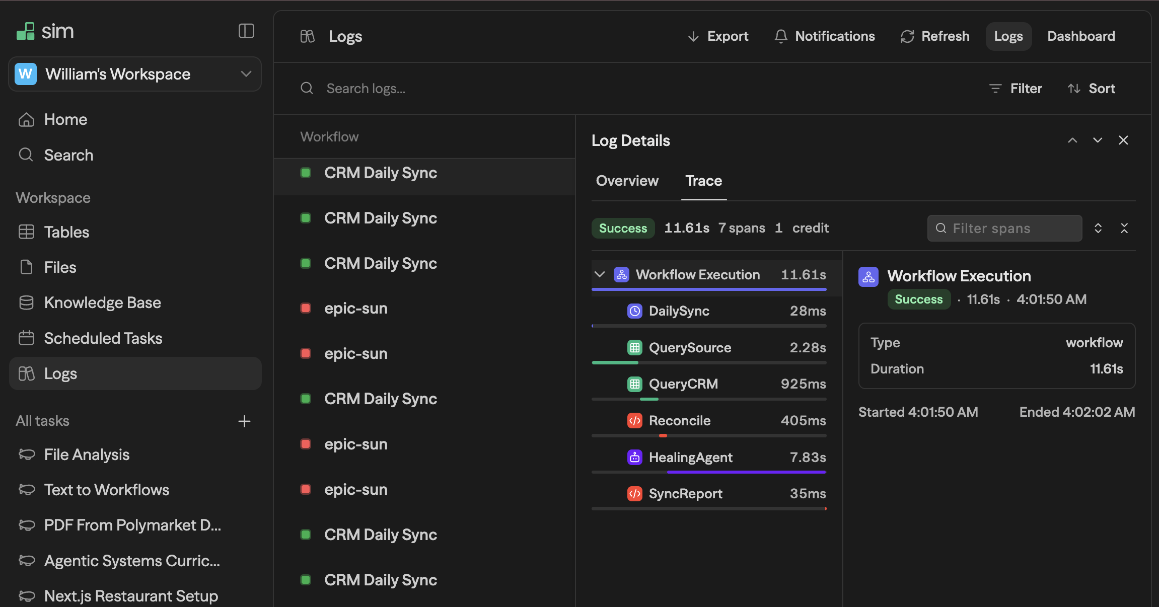 Log Details with the Trace tab open: a CRM sync run's spans, each block with its duration, 11.61s total