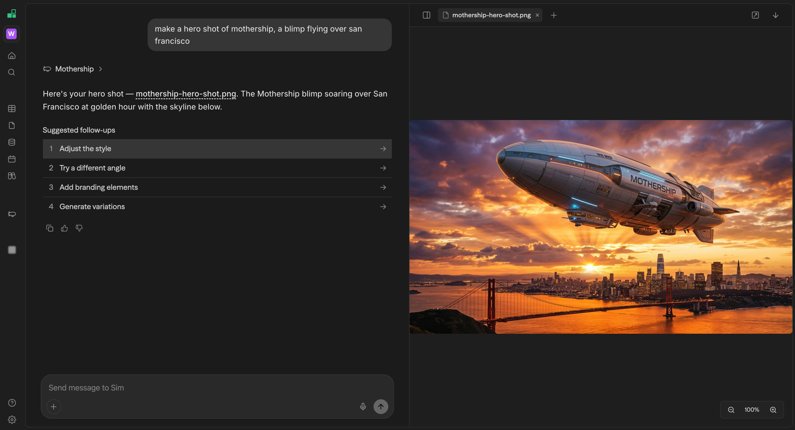 Chat resource panel showing a generated hero image of a Mothership-branded blimp flying over San Francisco at golden hour, alongside the chat response linking the file