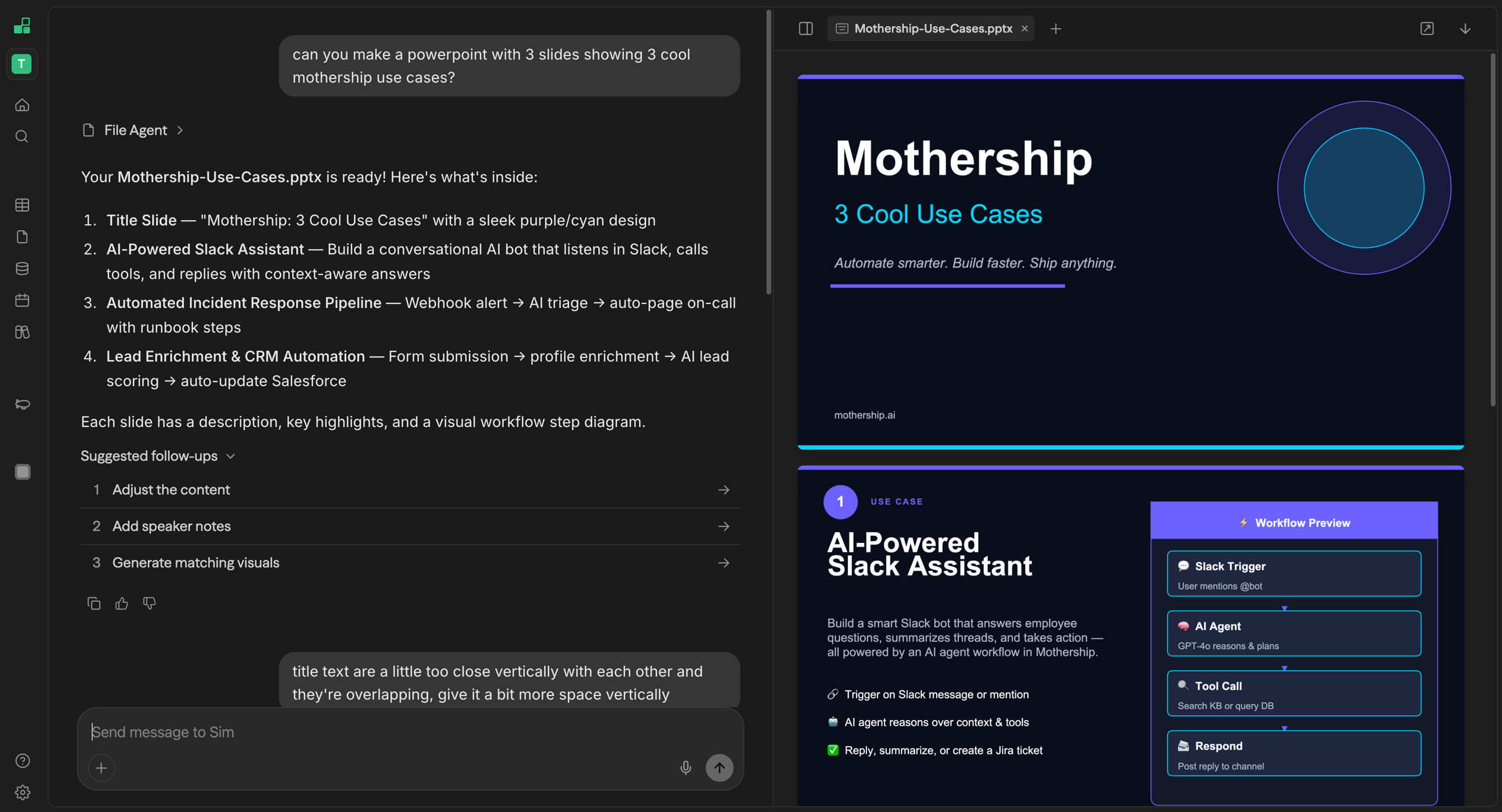 Chat resource panel showing a generated Mothership-Use-Cases.pptx file open with the title slide and first use case slide visible