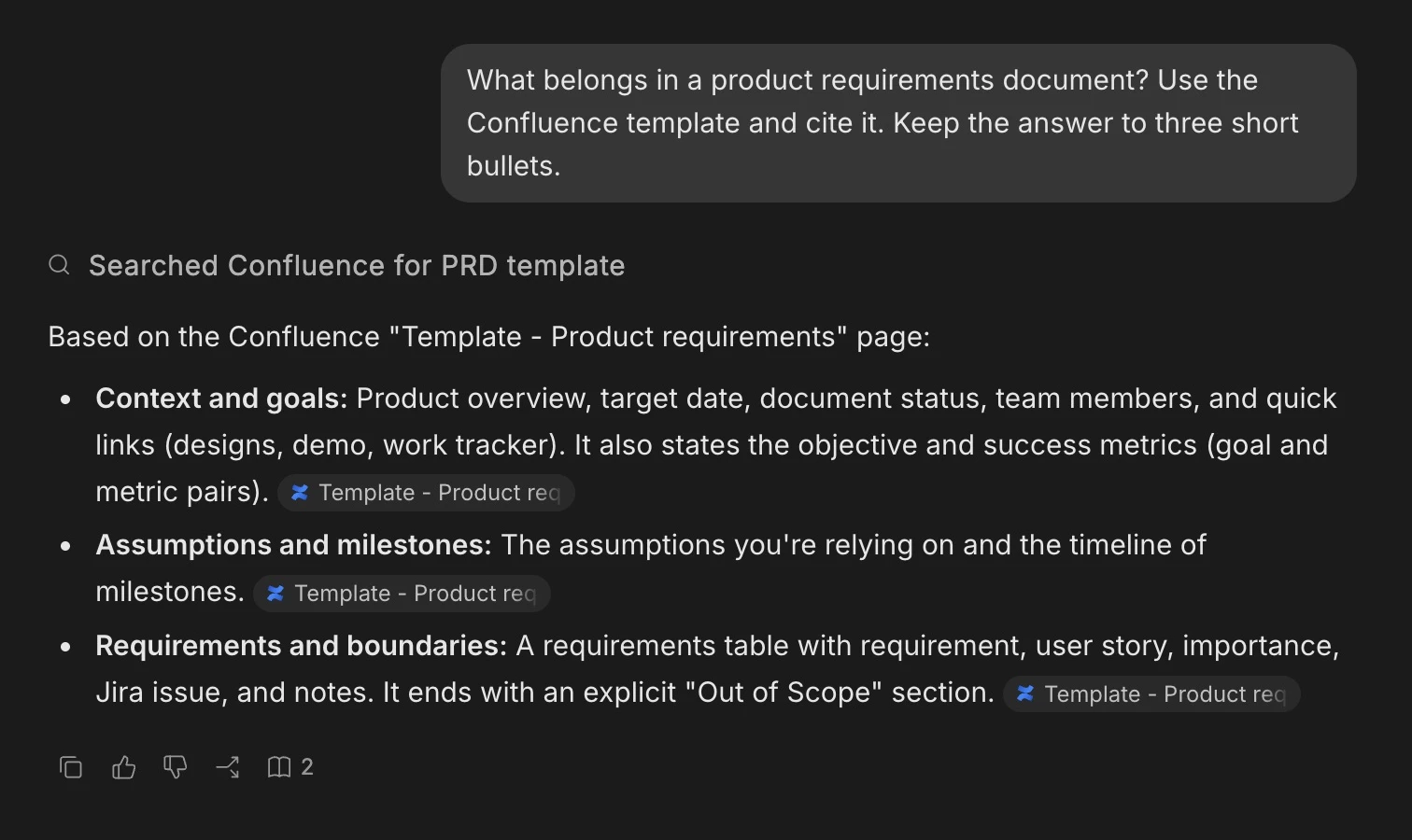 A Search conversation answering a question about a product requirements template, with inline Confluence citations and a source count below the answer