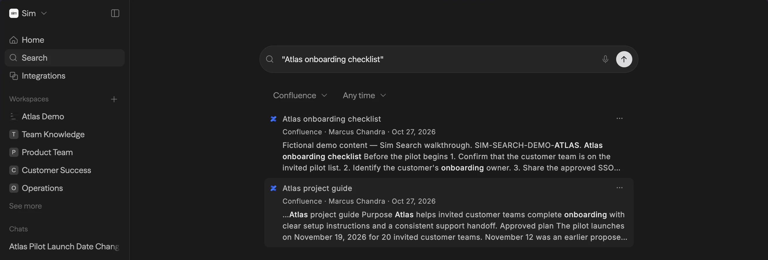 Search results for the Atlas onboarding checklist in Confluence, with the organization sidebar and document excerpts