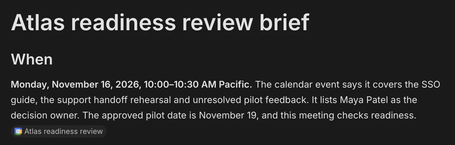 Atlas readiness brief showing the November 16 meeting at 10:00–10:30 AM Pacific with a Google Calendar citation