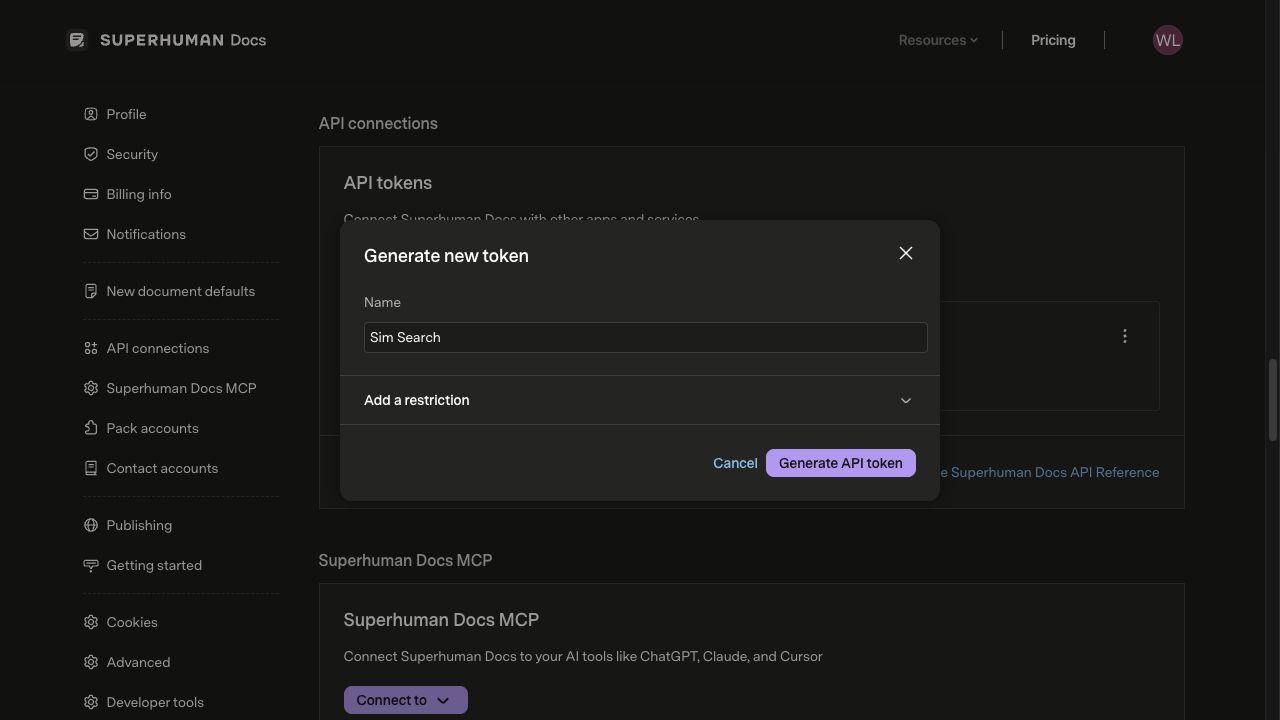 Coda API connections with the Generate new token dialog