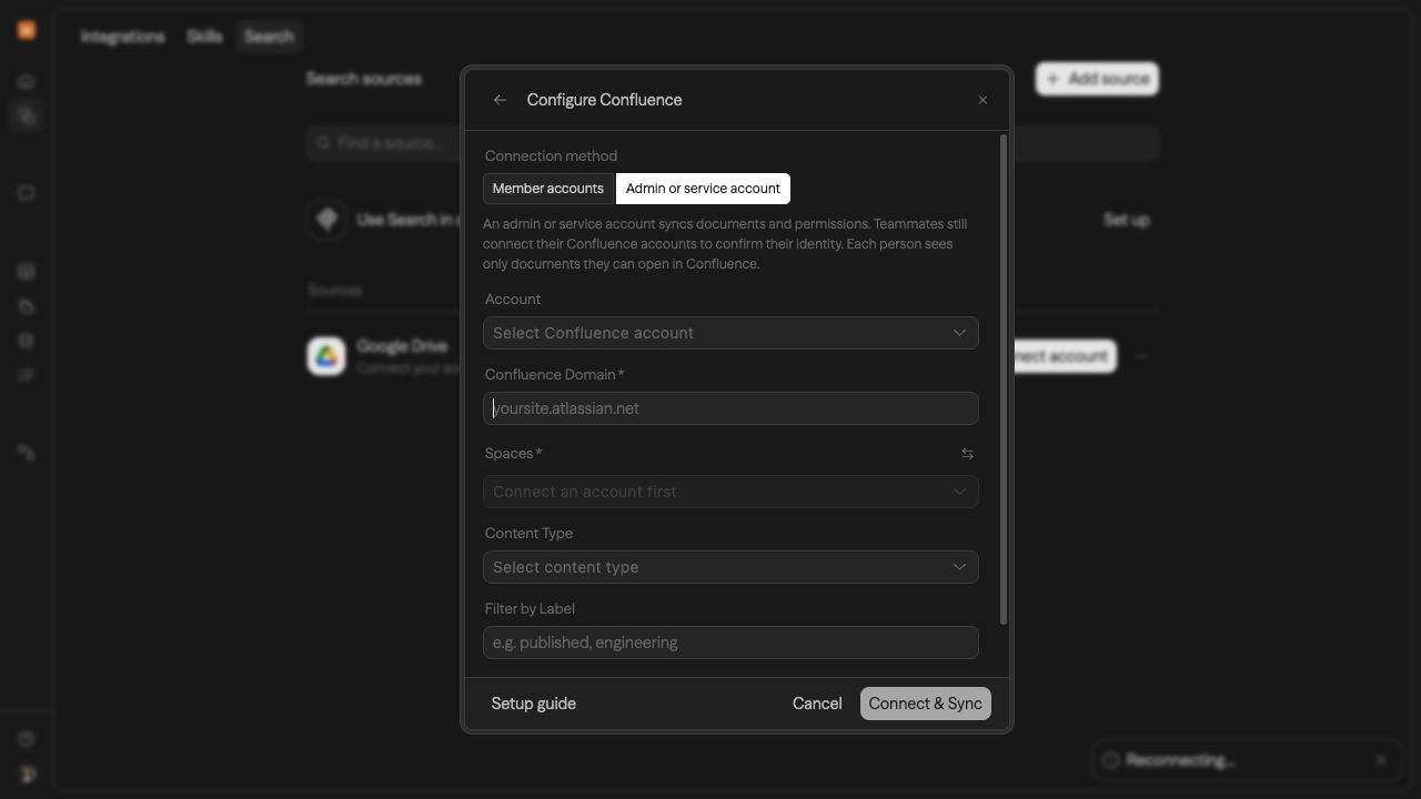 Confluence Search source configuration showing connection method, account, domain, and spaces