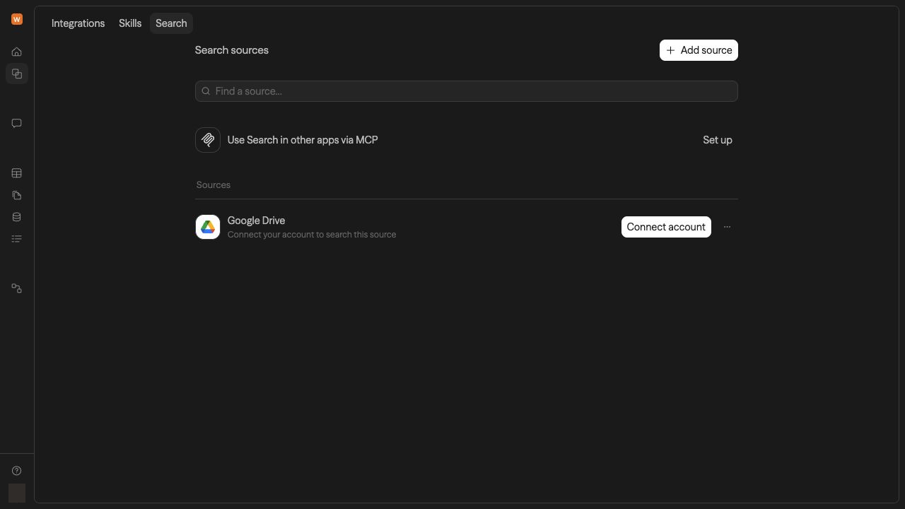 Google Drive source row with Connect account