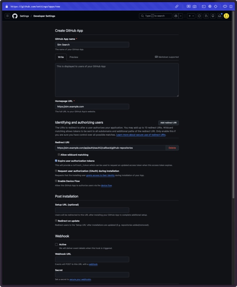 GitHub App registration with the Redirect URI, expiring tokens enabled, and installation authorization, Device Flow, and webhooks disabled