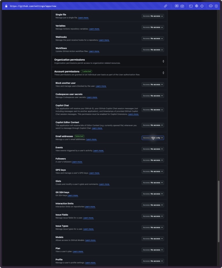 GitHub account permissions with only Email addresses selected for Read-only access