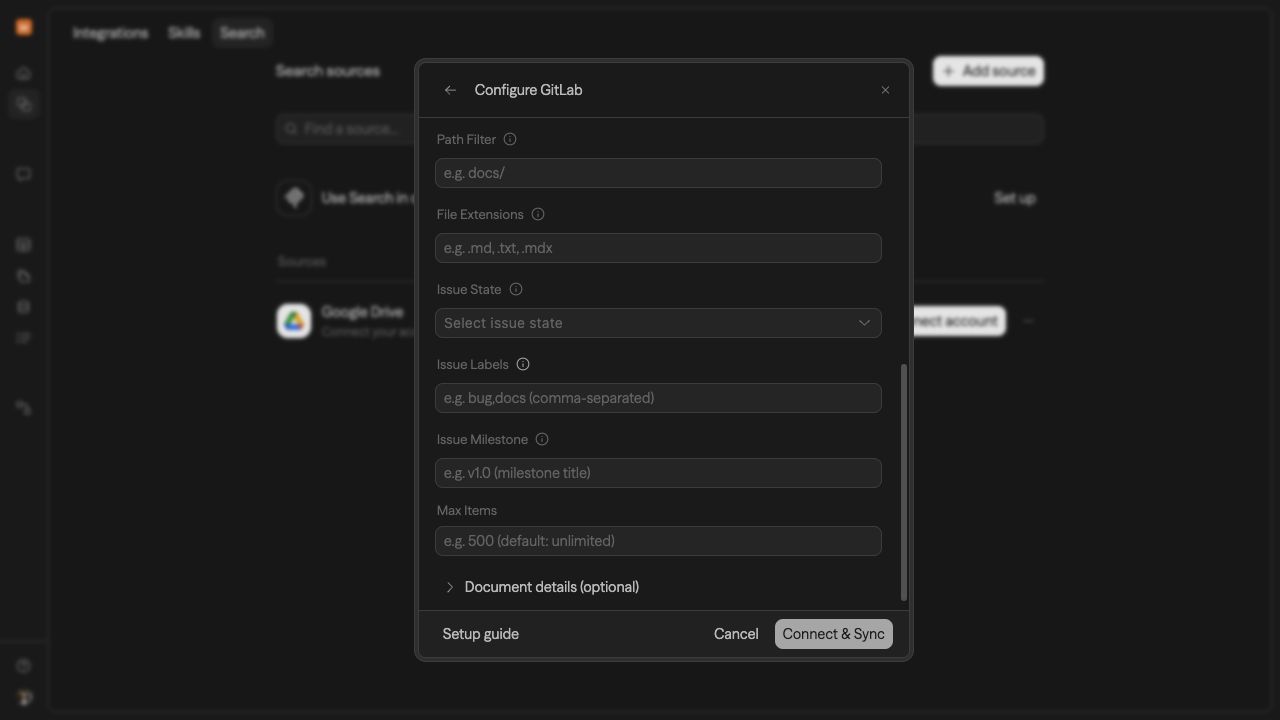 GitLab source configuration scrolled to repository and issue filters, item limit, and document details