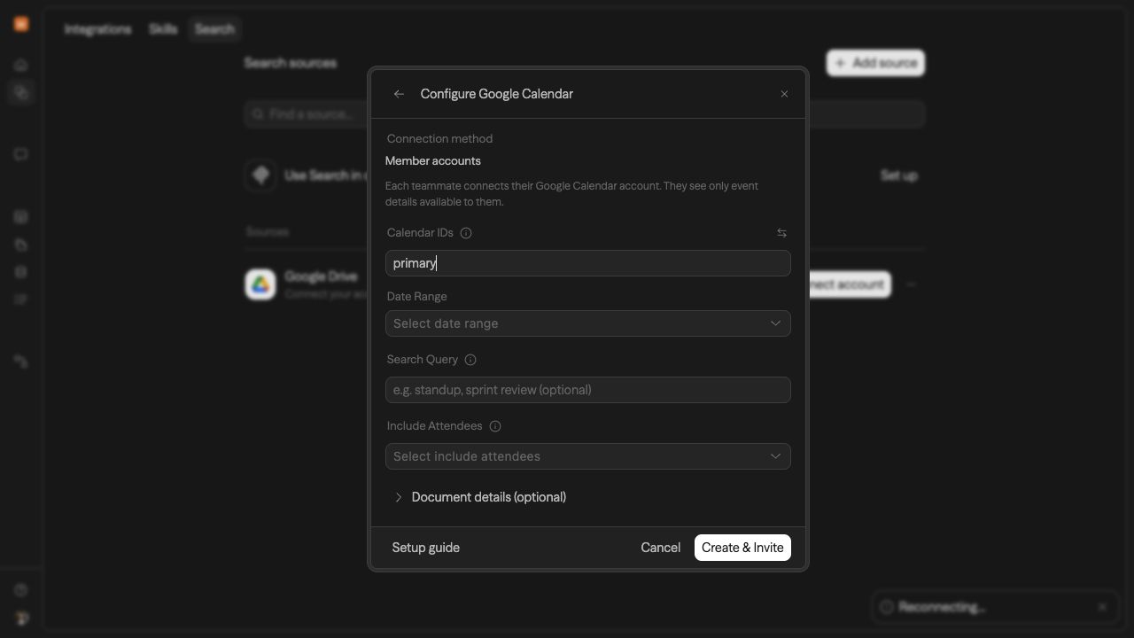 Google Calendar Search source configuration