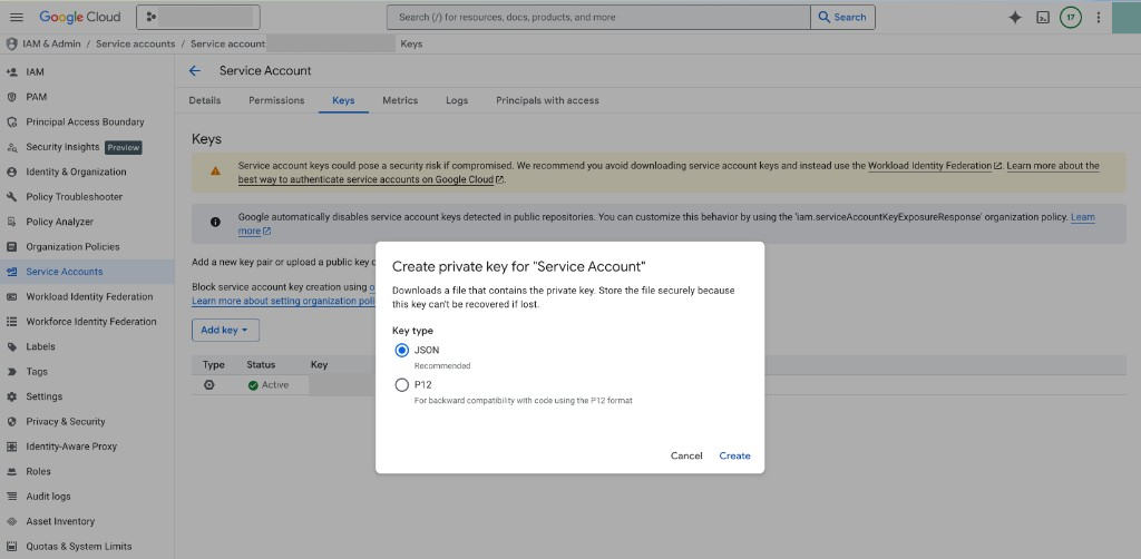 Google Cloud Create private key dialog with JSON selected