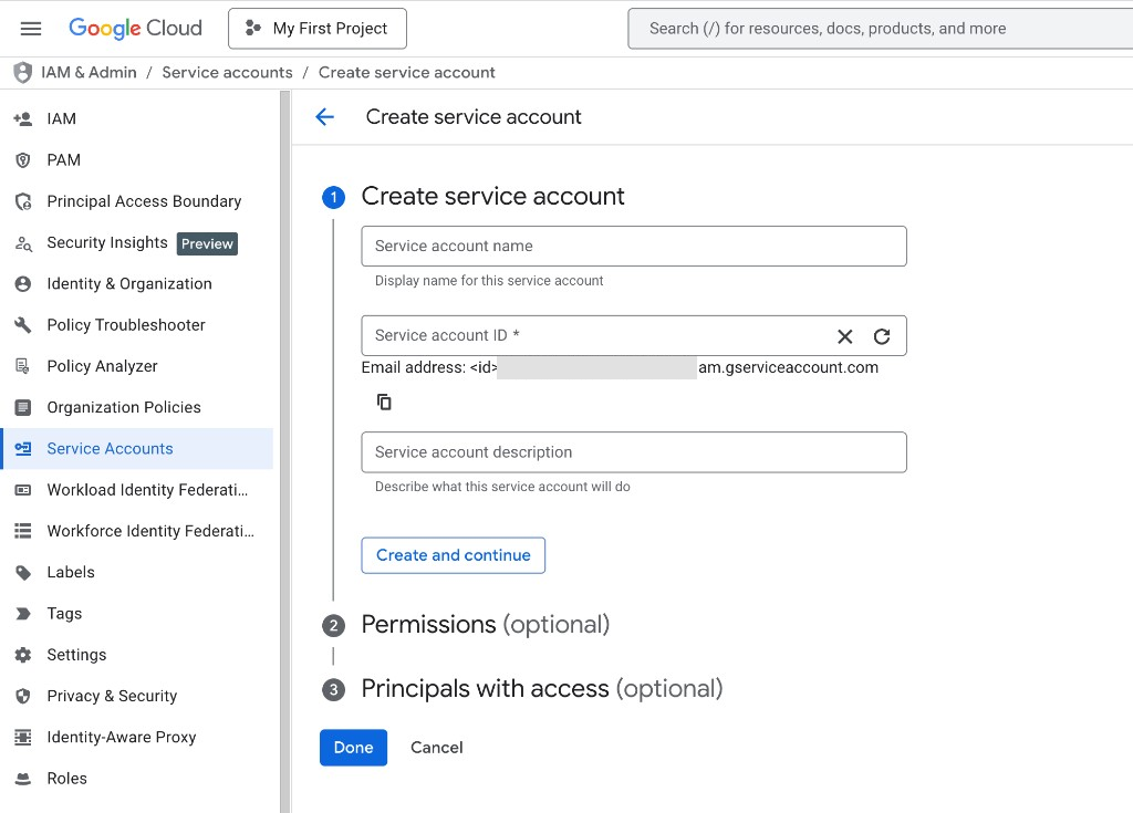 Google Cloud Console form for creating a service account