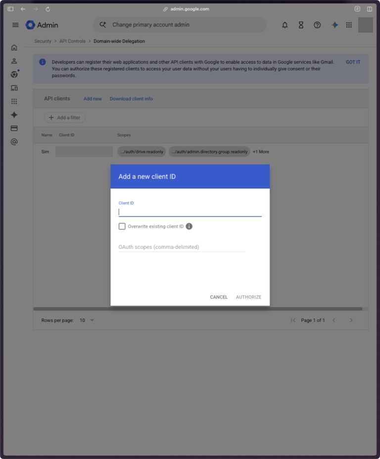 Google Workspace Admin Console Add a new client ID dialog with Client ID and OAuth scopes fields
