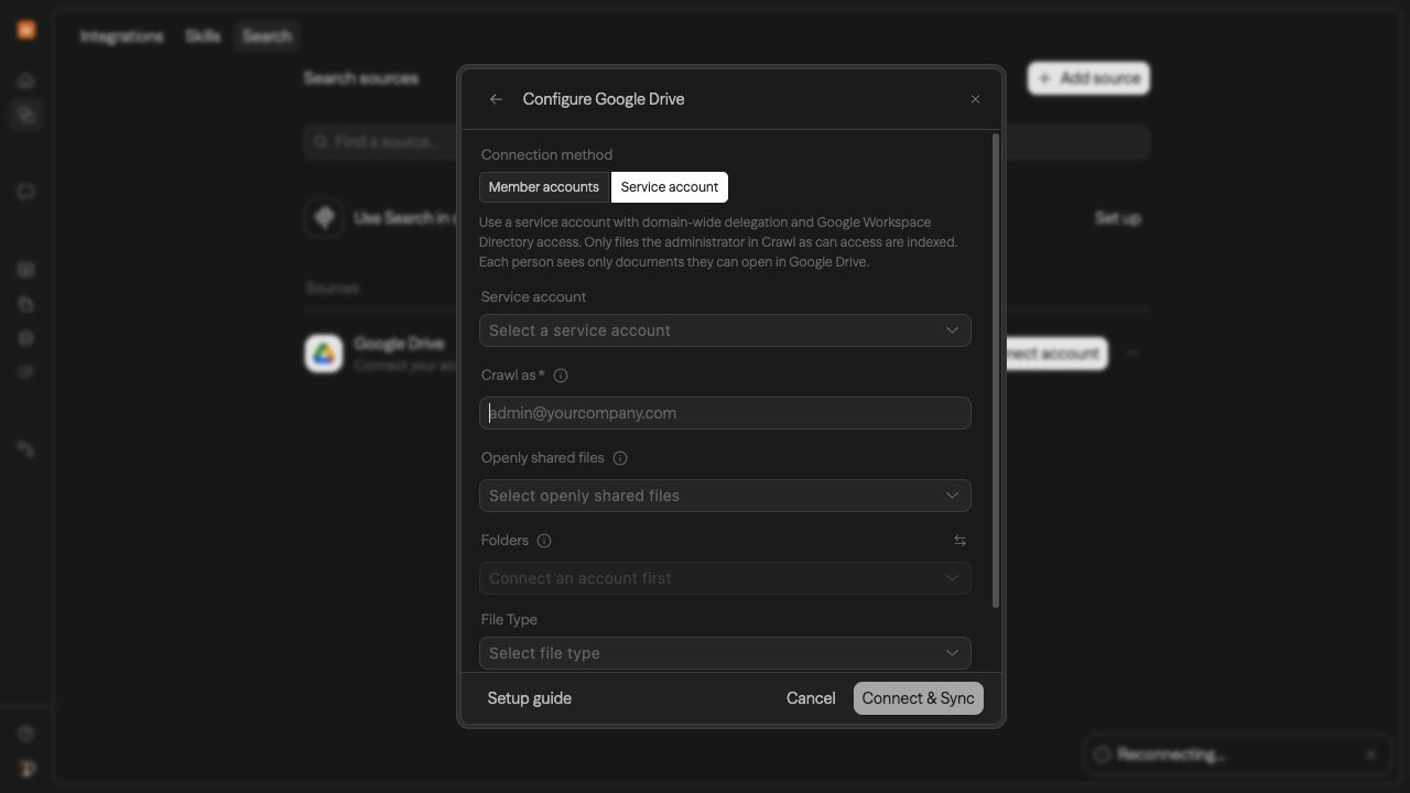 Google Drive Search service-account connection and source options
