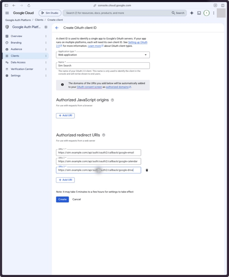 Google Cloud Web application client form with Sim's Gmail, Calendar, and Drive callback URLs