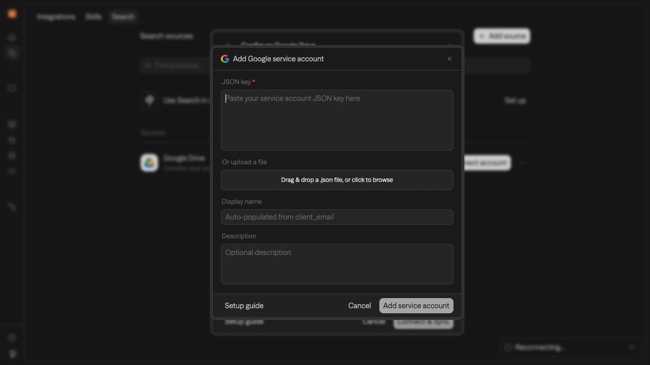 Add Google Service Account credential modal in Sim