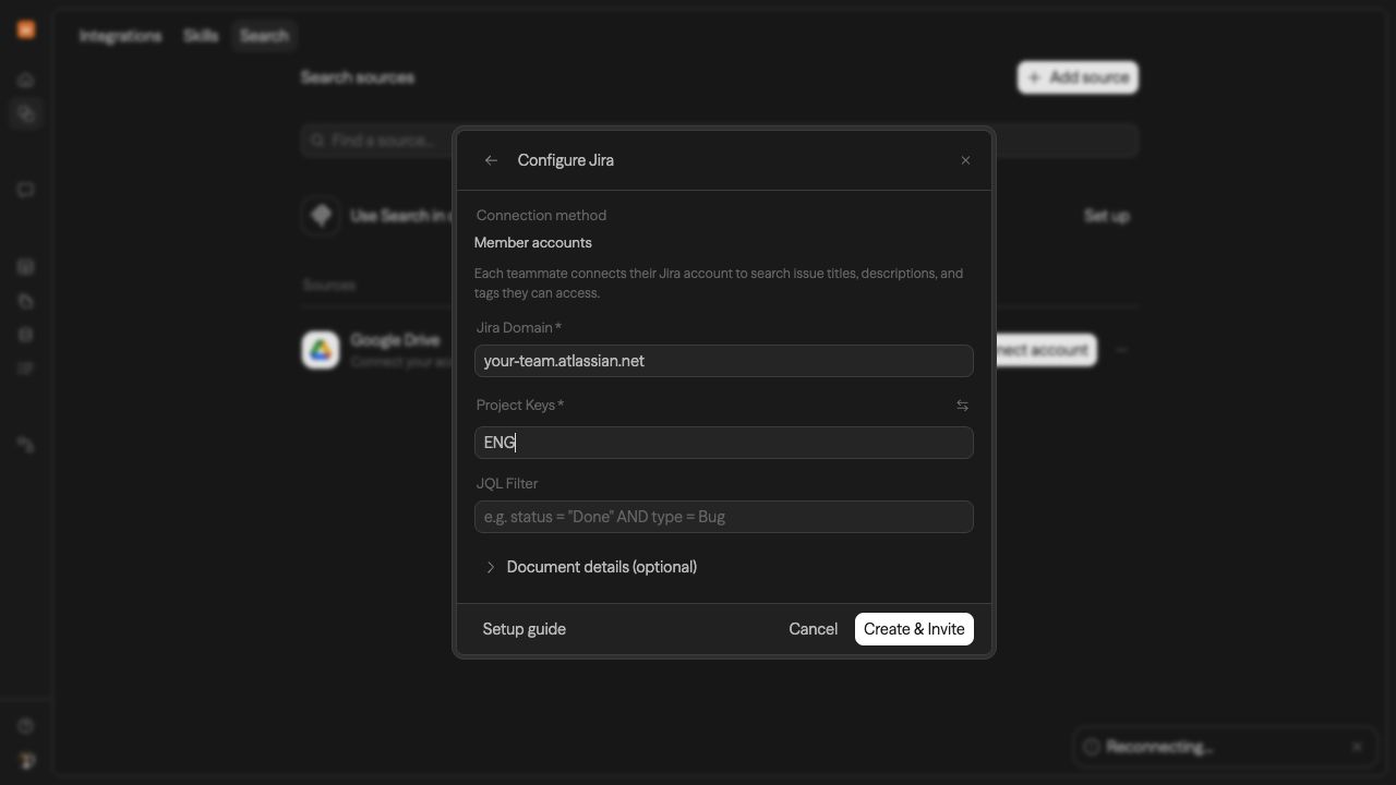 Jira Search source setup with member accounts, an example site, and a project key